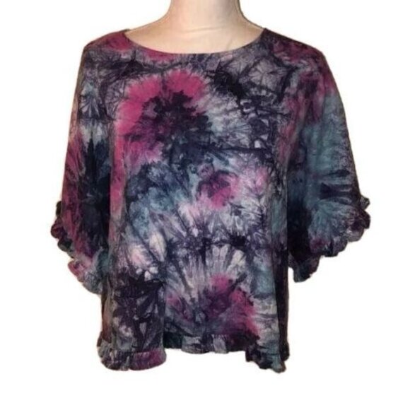 C&C California Tie Dye Top Large Womens Blue Pink Linen Blend Dolman Sleeves - Picture 6 of 8